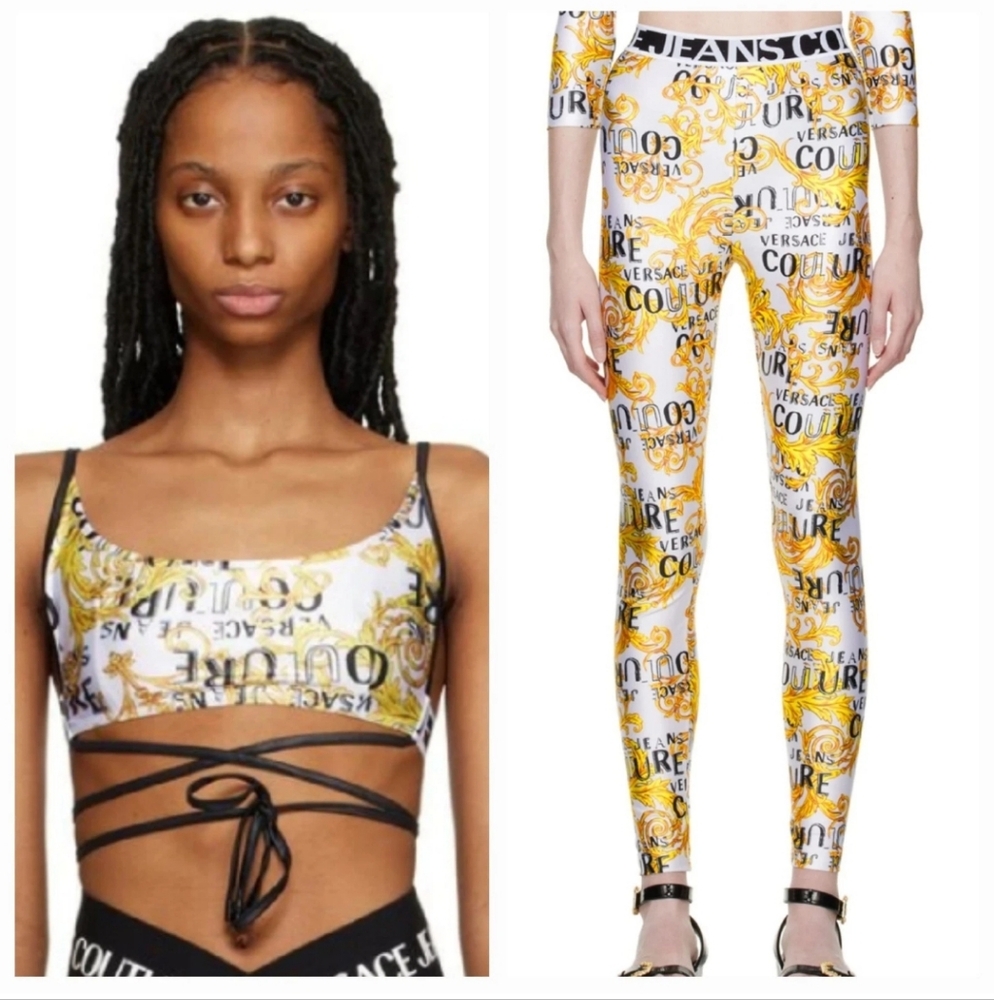 Versace Jeans Couture Set Leggings  Bra Top Barocco White Gold Yellow Black Logo